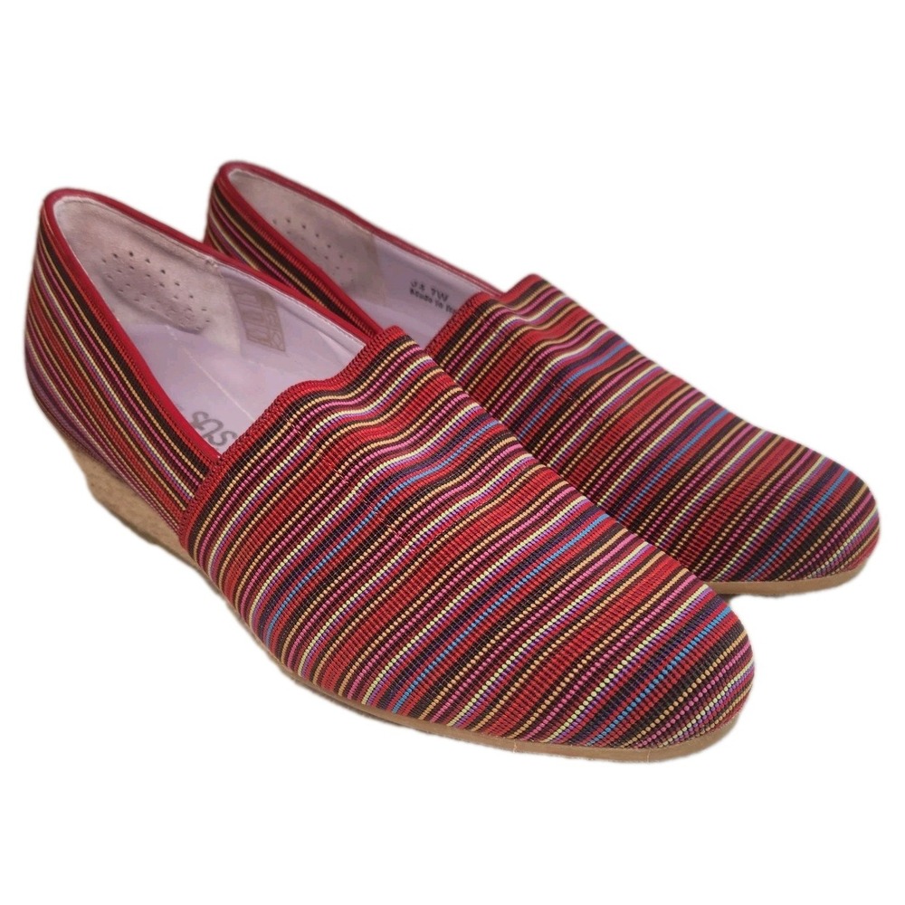 SAS Wedge Shoes Womens 7 Red Striped Colorful Stretchy Slip On Cushion